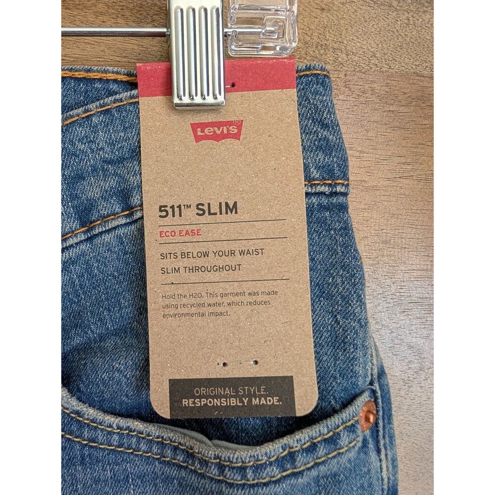 Levi's 511 Jeans Mens 33x34 Blue Denim Distressed Flat Front Slim Straight Leg - Picture 2 of 3